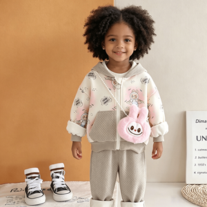 Completo Casual Autunno Inverno per Ragazze: Giacca con Cappuccio e Zip con Stampa Coniglio e Pantaloni in Maglia Felpati con Polsini in <span class=keywords><strong>Pile</strong></span> - Product Image 5