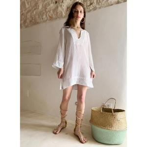 Mini vestido bordado con cuello en V para mujer, ropa de resort de verano hecha a mano, largo hasta el tobillo, estilo mexicano, la mejor calidad, otoño Natural - Product Image 4