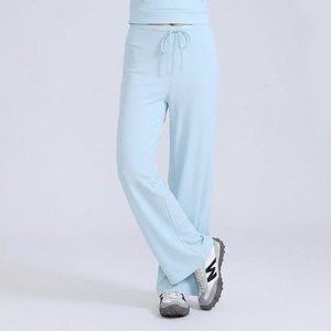Pantalon de yoga pour femme à taille haute avec cordon de serrage, coupe large, doux, fluide, extensible, ample, décontracté, pour le fitness, style droit, vêtements de sport, vente en gros - Product Image 4