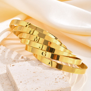 26 Letter Initial Gold PVD Stainless Steel Open Cuff <b>Bangle</b> Bracelet Personalized Alphabet <b>Engraved</b>, Waterproof & Hypoallergenic - Product Image 2