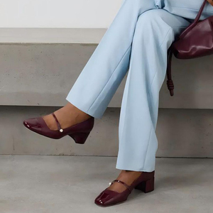 Large Size 46 Square Toe Women Middle Strap Buckles Shoes Low Chunky Heels Patent Sandals Classic Mary Jane Dress <b>Pumps</b> - Product Image 2