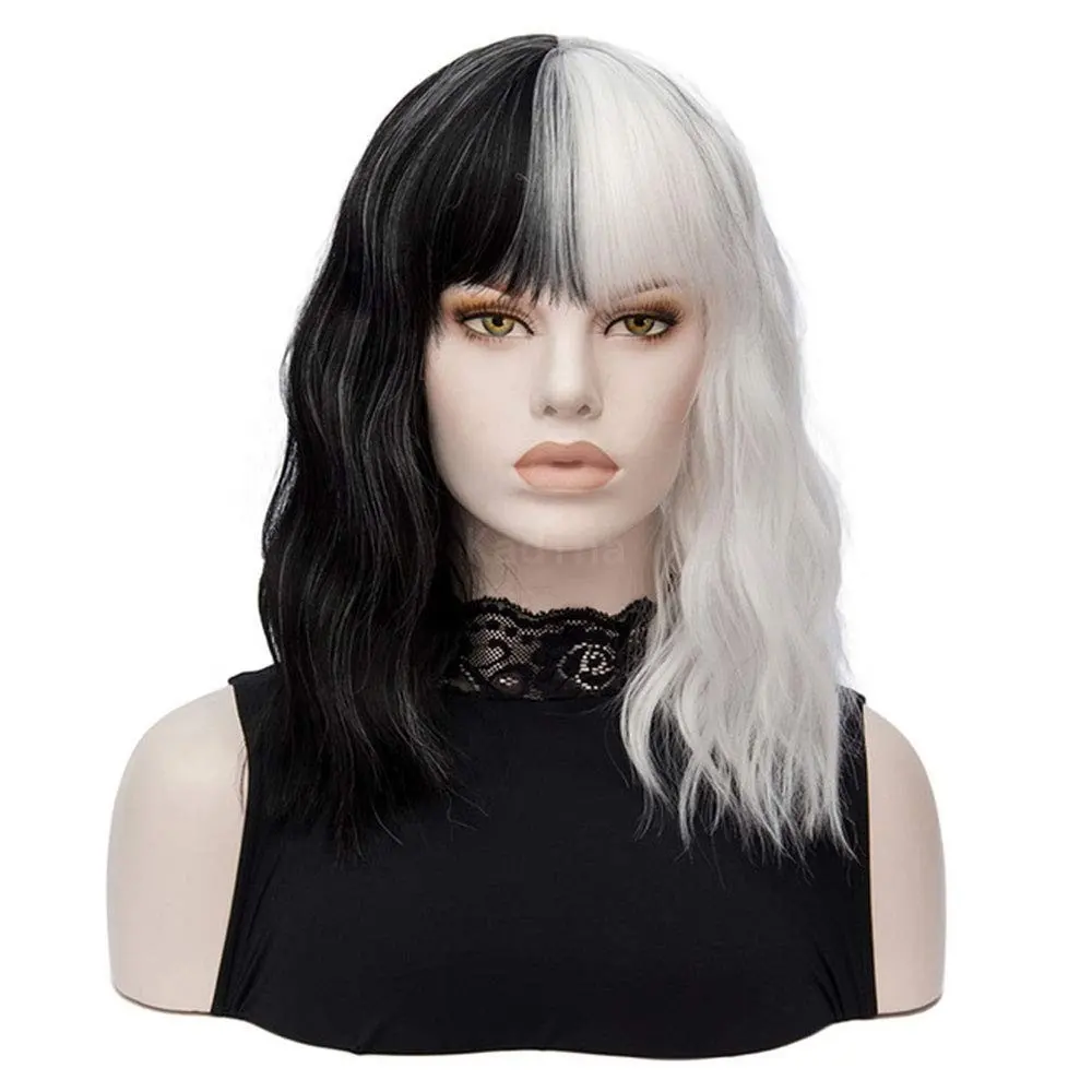 Wholesale Cruella De Vil Wig Witch Cosplay Long Curly Black White Mixed Synthetic Anime Cosplay Costume Cruella Wigs