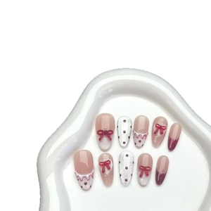 Lot de 10 faux ongles réutilisables faits main, style amandes moyennes-longues, <span class=keywords><strong>rouge</strong></span> français, motif guirlande pour Doigts, collection Saint-Valentin Automne-Été - Product Image 3