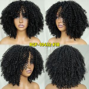 Perruque Afro Bouclée Fibre Fluffy Kinky avec Frange pour Femmes Noires – Perruque Synthétique <span class=keywords><strong>Noire</strong></span> Sans Colle et Faite à la Machine - Product Image 6