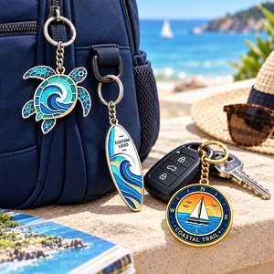 Porte-clés personnalisés en émail dur sur le thème de l'aventure en mer : tortue de mer, voilier, boussole, planche de surf, porte-clés en métal OEM ODM - Product Image 3