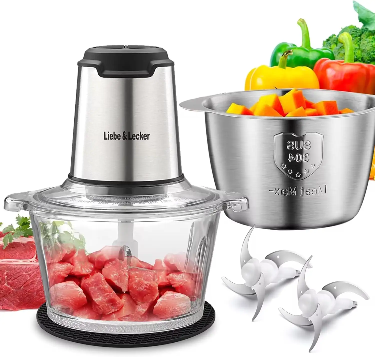 Meat Grinder with 2 Bowls Food Chopper 4 Large Sharp Blades Electric Food Processor 4PCS/CTN