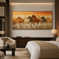 Bas-relief peint à la main, motif Coucher de soleil doré chaud et Sept chevaux au galop sur fond aquatique, Art mural pour hôtels, restaurants et espaces à dîner, Personnalisable en gros