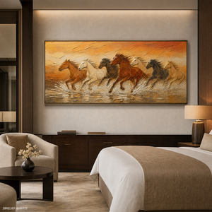 Bas-Relief Dipinto a Mano con Sette Cavalli al Tramonto Dorato e Acqua Corrente, Arte Murale per Hotel e Ristoranti, Personalizzabile - Product Image 3