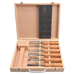 Woodworking Chrome Vanadium Steel with Wooden Case and Wood Mallet Knife Tools Carving Chisel Set