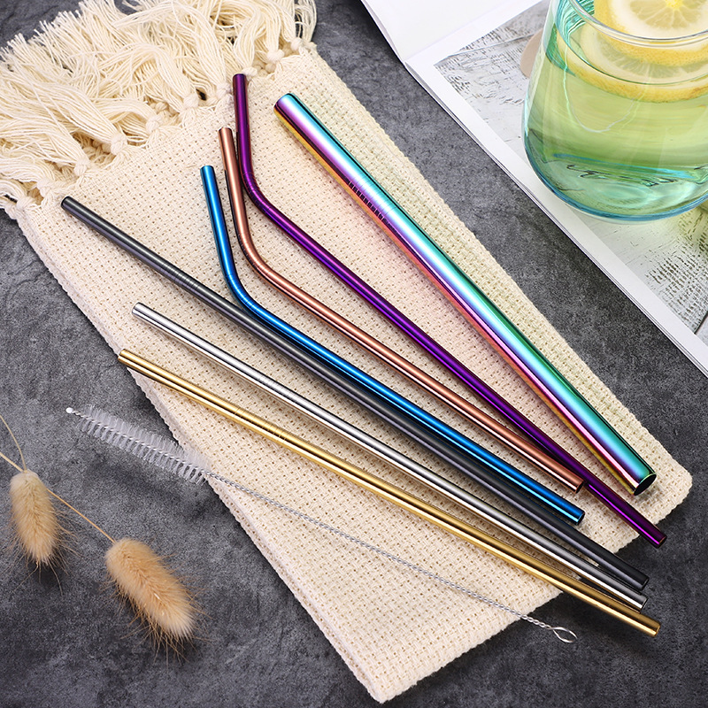 304 Stainless Steel Straw Titanium Plating Milk Tea Color Beverage Cup Straw Cross-Border Metal Straw Sleeve Bar Accessories