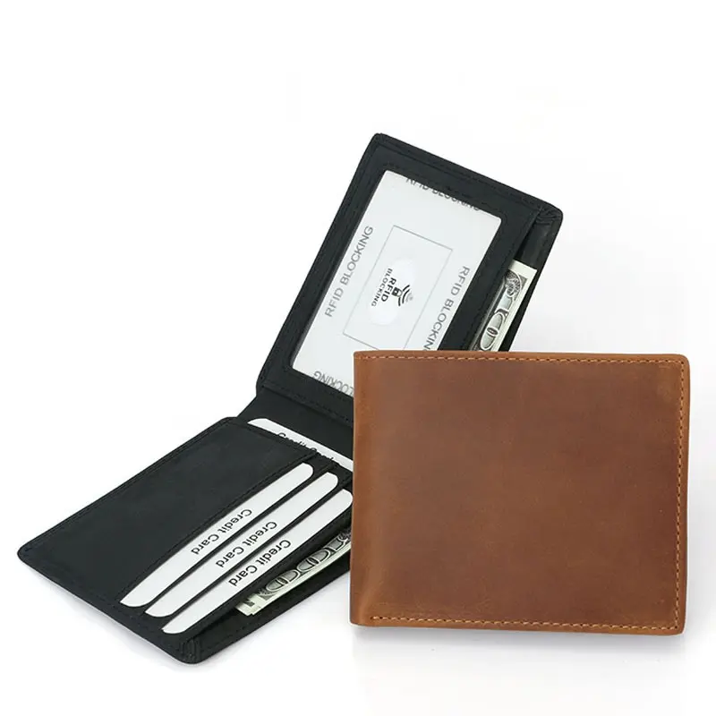 Wholesale custom RFID Bifold crazy horse men slim card holder genuine leather wallets