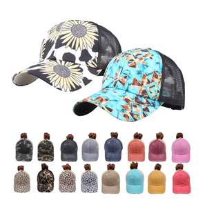 O96 tùy chỉnh beo Camo đau khổ Trucker mũ có thể điều chỉnh phụ nữ thể thao gorras Mũ bóng chày lộn xộn Bun Crisscross ponytail hat - Product Image 1