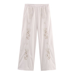 <span class=keywords><strong>Pantaloni</strong></span> <span class=keywords><strong>lunghi</strong></span> Casual da donna con ricami floreali <span class=keywords><strong>Beige</strong></span> elasticizzati in vita media tessuto a vita intera traspirante per la stagione autunnale - Product Image 2
