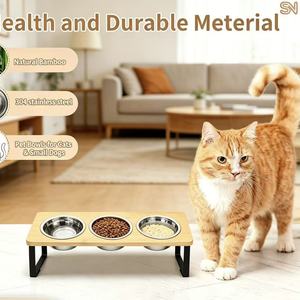 Support surélevé en bois pour gamelles de chat avec bols en acier inoxydable pour usage domestique - Product Image 3