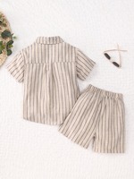Ensemble de vêtements d'été unisexe en coton rayé avec col rabattu pour bambins et bébés