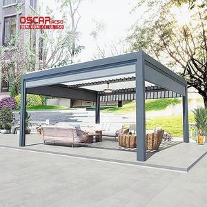Pergola <span class=keywords><strong>de</strong></span> jardin moderne en aluminium bioclimatique motorisée et réglable avec toit à lames et rideaux latéraux - Product Image 1