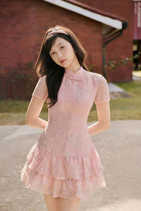 Vestido Rosa con Cuello Mandarín Bordado y Volantes, Vestido Vietnamita con Cuello Mandarín por Encima de la Rodilla, Elegante Vestido de Fiesta de Poliéster, Servicio OEM - Product Image 5