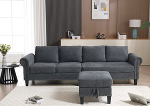 Convertible L-Shaped Sectional Sofa <b>Set</b> with Storage and Sofa Bed Four-Seater <b>Linen</b> Fabric - Product Image 4