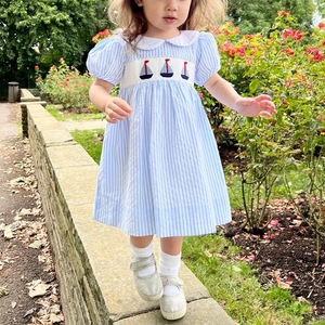 Barca a vela inglese ricamato estate tessuto a sbuffo abito a maniche corte per i più piccoli gessato <span class=keywords><strong>Peter</strong></span> <span class=keywords><strong>Pan</strong></span> colletto da ragazza di pasqua - Product Image 3