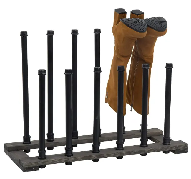 Công nghiệp đen ống kim loại miễn phí đứng Boot Rack đứng với mộc mạc màu xám gỗ cơ sở lối vào Boot Rack Organizer cao khởi động