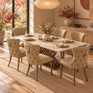 Elegant White Marble <b>Dining</b> Table <b>Set</b> with <b>6</b> Tufted PU Leather <b>Chairs</b> Contemporary Restaurant Furniture for Commercial Use - Product Image 1