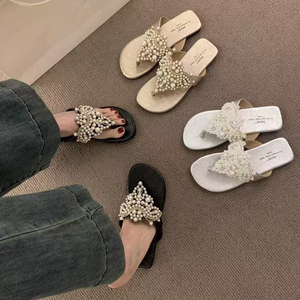 Fairy Style Thong Sandals for Women 2025 New Arrival Vintage Bohemian <b>Flip</b> <b>Flops</b> with Pearl Accents - Product Image 5