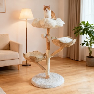 Mainan kucing kayu padat alami mewah, rak memanjat pohon kucing meja melompat gaya Modern kolom Sisal mewah - Product Image 1