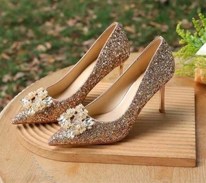 Luxury Shiny for Women Wholesale Custom Female High <b>Heels</b> Bridal Bridesmaid <b>Heel</b> Sandals Gold Dress Shoes - Product Image 1