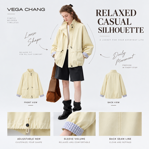 VEGA CHANG Damen Cremegelbe Stehkragen-Freizeitparka-Jacke mit Verstellbarem Saum, Karierter Manschette, Futter, Reißverschluss und Knöpfen - Product Image 2