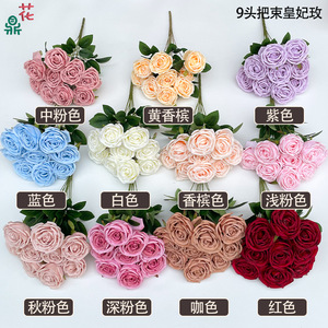 Bouquet de roses royales 9 têtes en soie, fleurs artificielles faites à la main pour décoration de mariage - Product Image 3