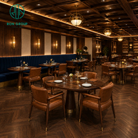 Ensemble de mobilier commercial Ron Group pour bars, cafés et restaurants : banquette en velours, table en bois et fauteuil en cuir