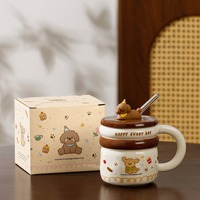 Mug à thé en céramique de 450 ml avec couvercle et paille, motif de dessin animé mignon, réutilisable, sans danger pour les aliments, pour boissons chaudes et froides, emballage en boîte colorée