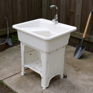 Évier utilitaire autoportant en plastique blanc, bac à linge profond avec tuyau d'arrivée et de sortie pour usage extérieur ou domestique - Product Image 2