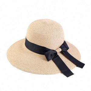 Wholesale Women Wide Brim Bucket Caps with Tie <b>Straw</b> Breathable Summer Boater <b>Hats</b> 3D Embroidery Travel Outdoor Sunshade - Product Image 1