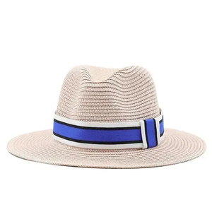 Unisex Panama <b>Hat</b> White <b>Straw</b> Fedora With Blue Striped Band Beach Summer Accessory - Product Image 5