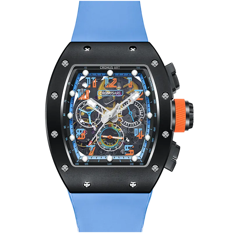 Jam tangan kaca safir dua sisi, arloji mekanis mewah casing karbon NTPT tali jam