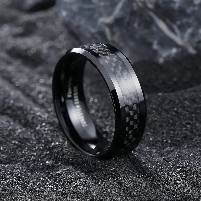 Мужское ювелирное изделие Coolstyle 8 мм обручальное кольцо черное углеродное волокно инкрустация со скошенными краями удобное прилегающее кольцо из карбида вольфрама