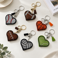 Porte-clés Sportif Cœur Strass Scintillant Baseball Basketball Football avec Pendentif Sac en Cuir et Pompon pour Clés de Voiture