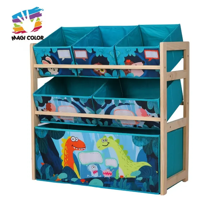 High Quality Kids Toys Organize Cartoon Fabric Storage Boxs With Wooden Shelf W08C353