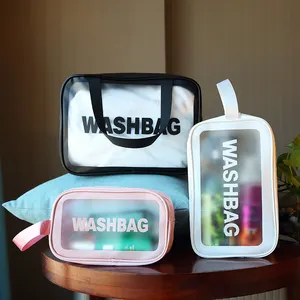 Toptan seyahat su geçirmez büyük kapasiteli şeffaf plastik pu pvc makyaj kılıfları ile fermuar washbag makyaj çantası