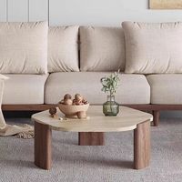 Runder Travertin-Couchtisch mit Massivholzrahmen, Minimalistischer Kleiner Niedriger Steintisch für Kleine Wohnungen, Wohnzimmer und Balkon