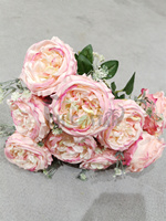Buket Biru Buatan untuk Hadiah Kemasan Bunga Peony Seikat Merah Sutra Murah