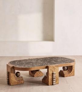 Table basse en marbre de style mid-century moderne, avec pieds sculptés en bois de burl, table centrale de luxe pour intérieur résidentiel ou hôtelier - Product Image 2