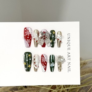 Uñas Postizas Navideñas Hechas a Mano, Diseño Rojo y Verde, Campanas y Copos de Nieve, Decoración Europea para Uñas, Venta al Por Mayor - Product Image 2