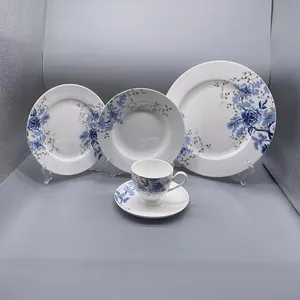 Tangshan Manufacturer Wholesale Fine Bone China 5pcs New Design For 1 People With Blue Flower Decal Dinner Set