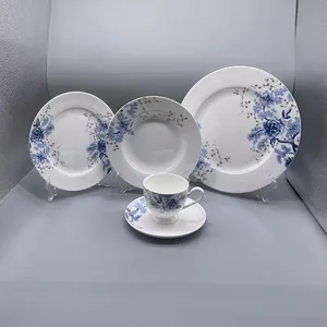 Tangshan fabricante al por mayor hueso fino China 5 uds nuevo diseño para 1 persona con calcomanía de flor azul juego de cena