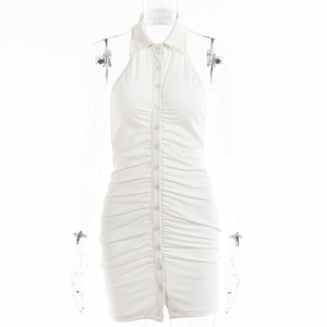 Robe moulante d'été sans manches et dos nu avec encolure crantée et jupe courte plissée, robe de cocktail respirante - Product Image 5