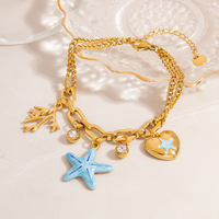 SUMMLY Ensemble de bijoux tendance : Collier chaîne trombone avec pendentif étoile de mer, coquillage et cœur, et bracelet en acier inoxydable plaqué or 18 carats