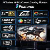 Monitor Gaming Lengkung 34 Inci 165Hz 1ms 3440x1440 1500R FreeSync 4000:1 Panel VA Layar Ultrawide dengan Dual HD