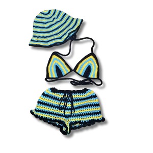 Conjunto de calzoncillos de baño de ganchillo hecho a mano para mujer, de 3 piezas ropa de playa, pantalones cortos de malla ajustados a rayas de vacaciones con Bikini a juego, sombrero de cubo - Product Image 1